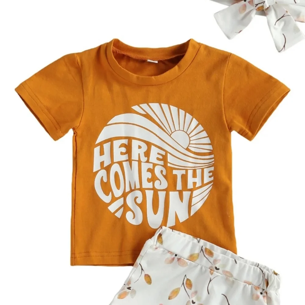 Kids Boho Orange Tee Floral High Waist Shorts Summer Set Baby Girl Outfit 6-9M